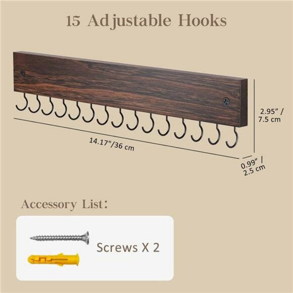 Wood necklace holder wall mount jewelry organizer with 15 hooks for storage - Picture 3 of 7